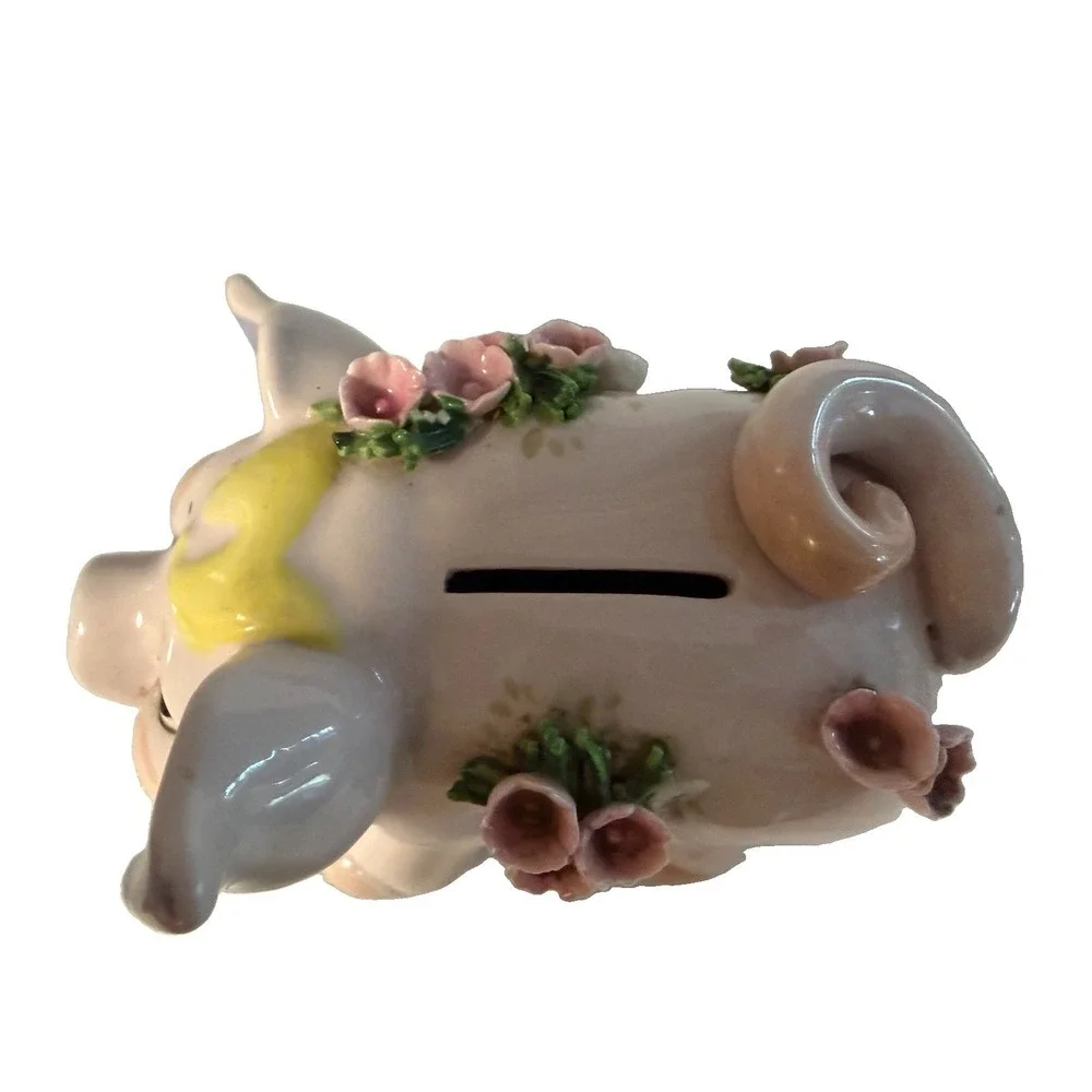 Vintage Lefton Japan Piggy Bank Applied Porcelain Flowers Pink Pig Coin Bank